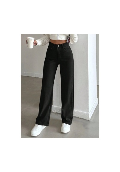 Kene Jeans Yüksek Bel Siyah Keten Bol Paça Tam Kalıp Pantolon Siyah