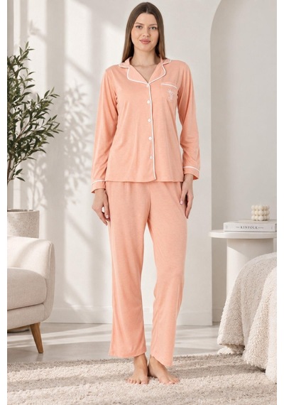 Gd Goldoremi Premium Boydan Düğmeli Rahat Örme Kumaş Uzun Kol Pijama Takımı PEMBE