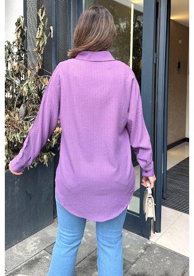 WeShaya Kadın Mor Basic Model, Gofre Kumaş, Salaş Gömlek Lila