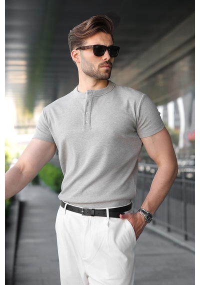Madmext Grimelanj Slim Fit Hakim Yaka Triko Erkek Tişört E7189 Gri Melanj