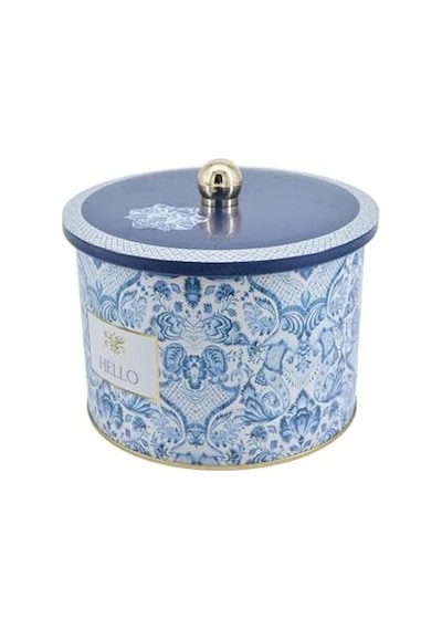 Evle-azulejos Desenli Yuvarlak Metal Saklama Kabı 14 Cm, Erzak Kabı - Organizer Kutu 17,5 Cm X 13 Cm Azulejos Hello