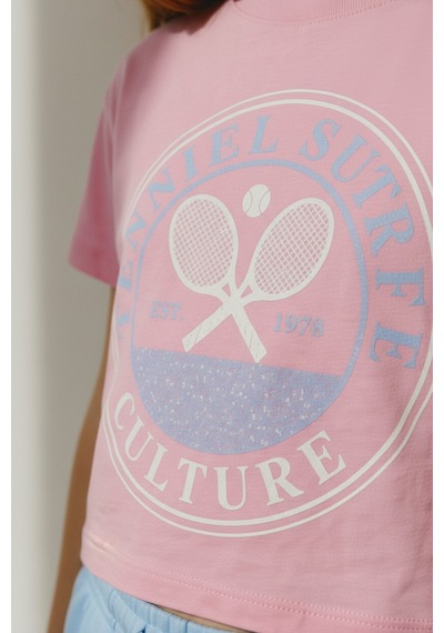 Magu Kız Çocuk Pamuklu Pembe Baskılı Crop T-shirt Mavi Şort Takım Çok Renkli