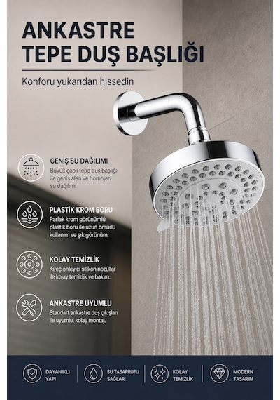 Ankastre Tepe Duş Başlığı - Sahil Tepe Duş Başlığı - Ev Ve Otel Kullanımına Uygundur Krom