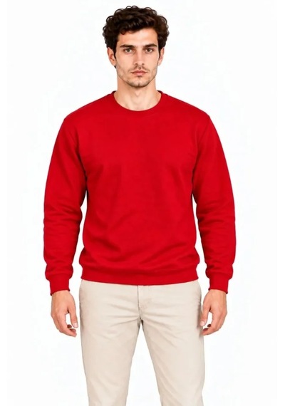 Butik İstanbul Erkek Bisiklet Yaka İçi Şardonlu 2 İplik Düz Uzun Kollu Regular Fit Sweatshirt - Kırmızı