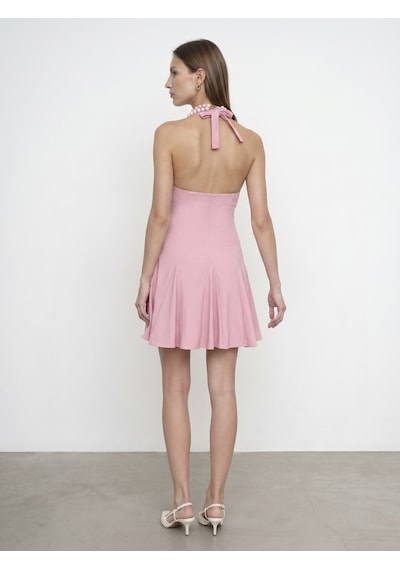 Dilvin 91633 Halter Yaka Mini Elbise-toz Pembe