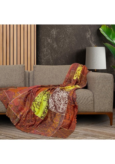 Softmicro Koltuk Örtüsü Çekyat Örtüsü Koltuk Şalı Etnik Desenli Boho Patchwork Kaymaz Kiremit 180x300 C Çok Renkli