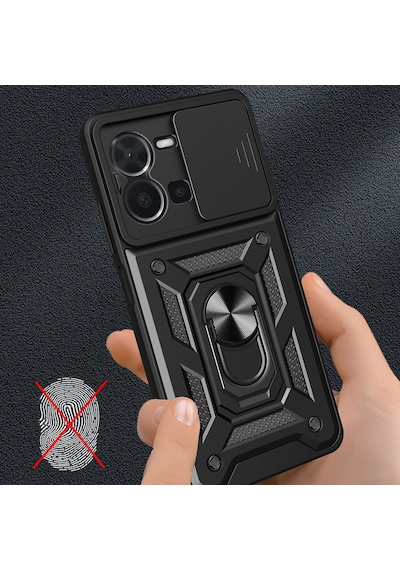 Maks Technology Vivo Y35 Kılıf Magnetik Standlı Kamera Korumalı Mkst Sürgülü Vega Kapak - Siyah