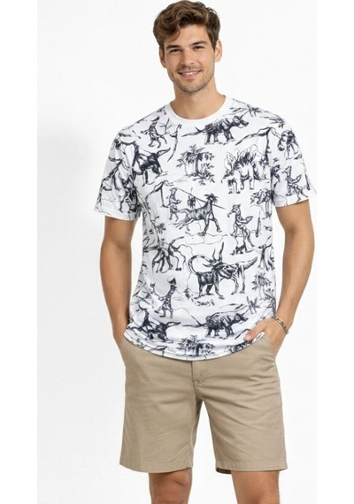 Erkek Dinozor Dijıtal Ön Ve Arka Baskılı Tişört Bisiklet Yaka T-shirt - Beyaz