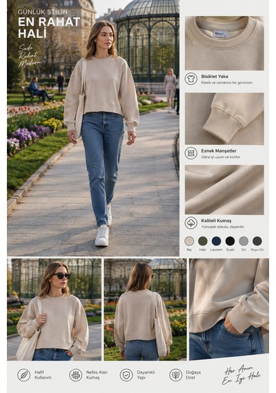 Luxıc Core Kadın Crop Bisiklet Yaka Sweatshirt Pamuklu Yumuşak Dokulu Günlük Spor Sweatshirt Krem