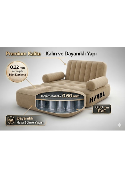 Tek Kişilik 2 Si 1 Arada Kendi Kendine Şişen Şarjlı Şişme Koltuk Ve Yatak 190 100 65cm Bej