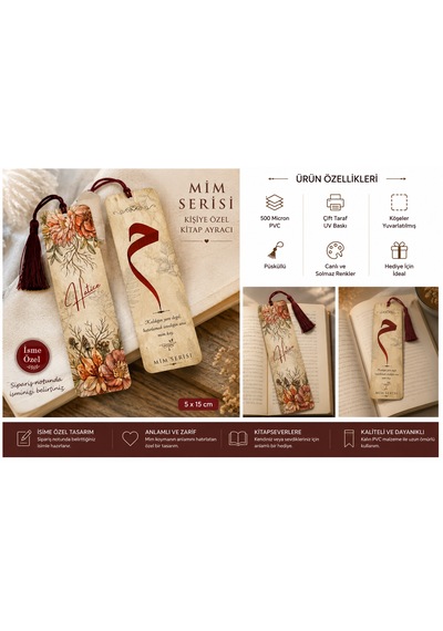 Mim Serisi İsme Özel Kitap Ayracı 5x15 Cm 500 Mikron Pvc, Çift Taraf Uv Baskı, Püsküllü
