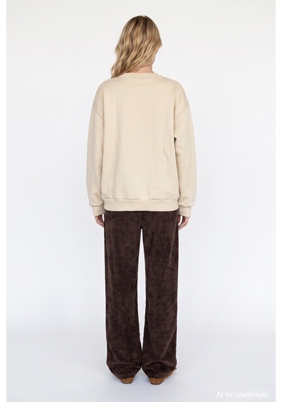Quzu Baskı Detaylı Sweatshirt Bej