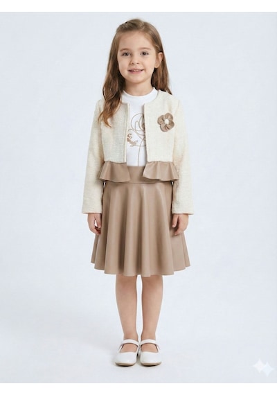 Xo Kids Çiçek Detaylı Tüvit Ceketli Deri Etekli Kız Çocuk 3lü Takım 4-10 Yaş 4413 Beyaz - Kahverengi Xo Kids Çiçek Detaylı Tüvit Ceketli Deri Etekli Kız Çocuk 3lü Takım 4-10 Yaş 4413 Beyaz - Kahverengi