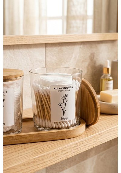 Bamio - Bambu Standlı Bambu Kapaklı Etiketli Banyo Düzenleyici Cam Banyo Seti Banyo Organizeri Açık Ahşap