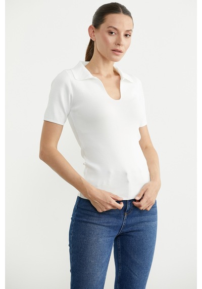 Polo Yaka Basic Triko Tişört - Beyaz