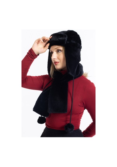Ladycolor Peluş Kulaklı Pilot Şapka Atkılı Takım Siyah Siyah
