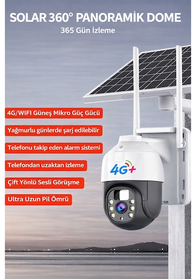 Güneş Enerjili 4g/wifi 360 Akıllı Güvenlik Kamerası Kablosuz, Gece Görüşlü, Hareket Sensörlü, Çift Yönlü Sesli