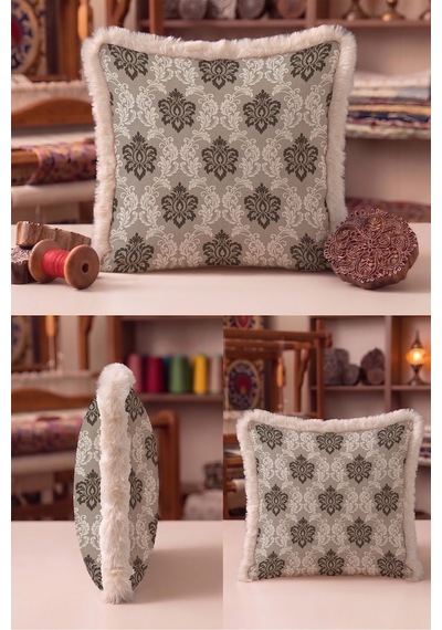 Klasik Damask Tasarımlı Saçaklı Yastık Kılıfı - Avangart Osmanlı Vizon Krem Püsküllü Kırlent Kılıfı Mor