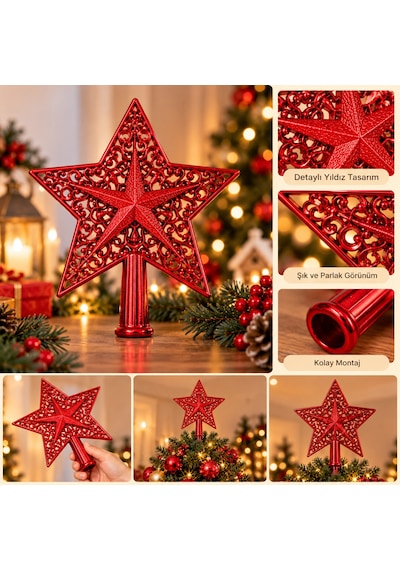 Kırmızı Motifli Yıldız Çam Ağacı Tepeliği - Dekoratif Canlı Kırmızı Oymalı Yılbaşı Ağaç Tepe Süsü - 9069916345002 Diğer