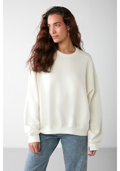 Grimelange Vaneltına Kadın Içi Polarlı 3 Iplik Organik Pamuk Oversize Basic Bisiklet Yaka Vanilya Sweatshirt