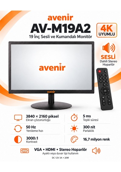 Av-m19a2 19 İnch Sesli Ve Kumandalı 5ms Monitör 4k Uyumlu