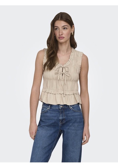 Only Onlgoa S/s Lınen Bl Frıll Top Cc Pnt Bej Kadın T-shirt 15363693