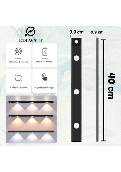 40cm Sensörlü Şarjlı Led Dekoratif Lamba Mıknatıslı 3 Farklı Renk Şerit Led Çok Renkli