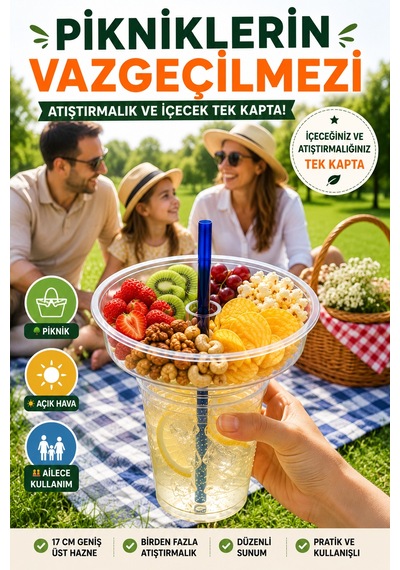 5'li Set Atıştırmalık Hazneli Bardak 350 Ml Pipetli Pet Piknik Sinema Parti İçecek Bardağı Seti 17 Cm Şeffaf