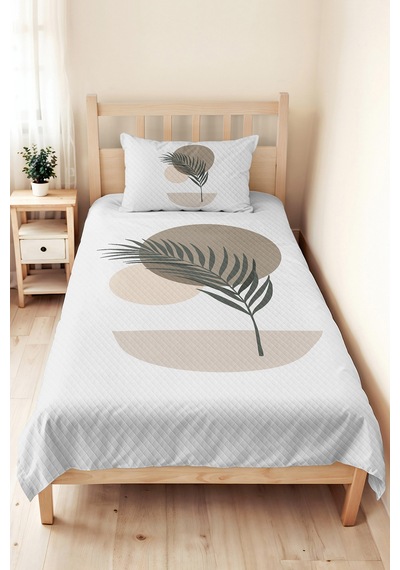 Botanik Bej Genç Odası Tek Kişilik Pike Takımı - Minimal Vizon Yeşil 160x220 Cm Yatak Örtüsü Gölge Papatya Aralığı