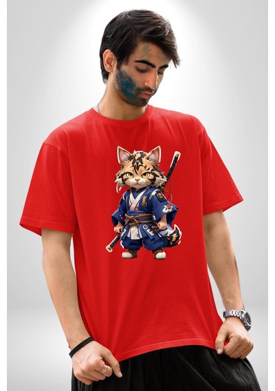 Asyalı Kedi Samuray Savaşcı Pamuklu Bisiklet Yaka Unisex Oversize Boyfriend Dijital Baskılı Kırmızı T-shirt Kırmızı