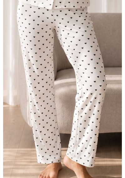 Kadın Loose Uzun Paça Pamuk Kar Beyaz Pijama Takımı