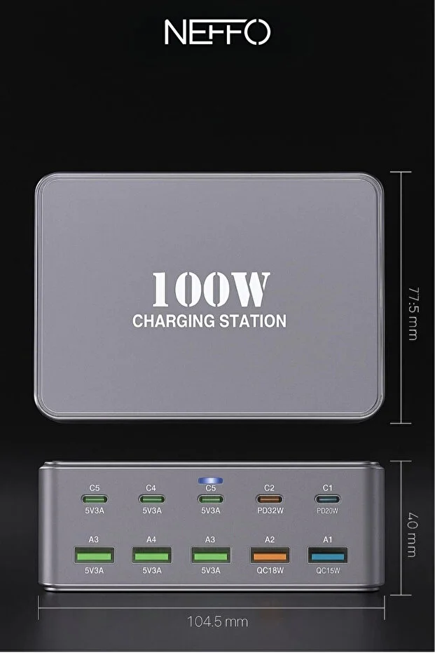 100w Süper Hızlı Akıllı Şarj İstasyonu 10 Port Usb + Type-c Güç Dağıtımlı Adaptör 1