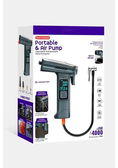 Tr 4000 Mah Taşınabilir Dijital Hava Kompresör, Led Işık, Şarjlı Lastik Pompa, Model A7733 Genel