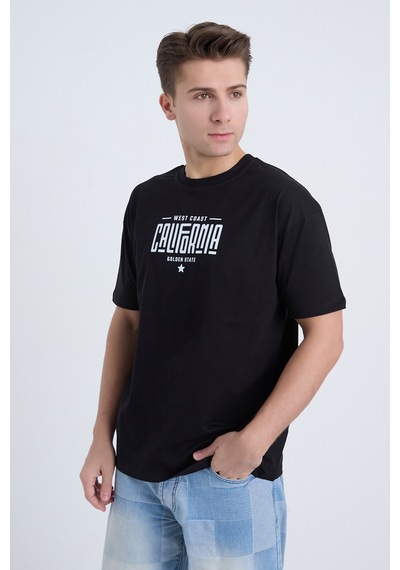 Erkek Oversize Baskılı T-shirt Siyah California Siyah