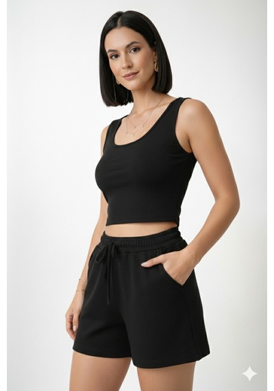 Trend Alisse Kadın Beli Lastikli Siyah Şort Crop Alt Üst İkili Takım