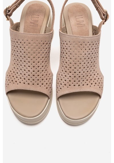 Luvishoes Jadıra Bej Süet Hakiki Deri Delikli Kadın Dolgu Topuklu Sandalet