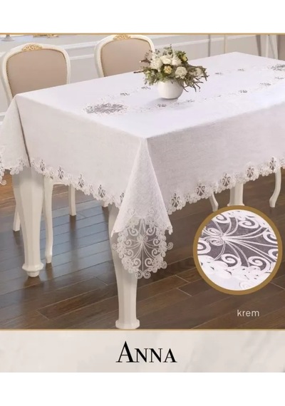 Anna Model Gardenya Keten 160x220 Cm Dantelli Tek Masa Örtüsü Krem Şık Tablecloth