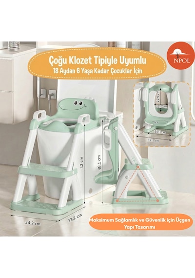 Latrina Pro Basamaklı Çocuk Tuvalet Eğitim Seti - Katlanabilir Klozet Küçültücü - Yeşil