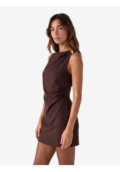 Koton Slim Fit Aksesuarlı Drapeli Kolsuz Bisiklet Yaka Mini Elbise Kahverengi 7wak80003pw Kahve
