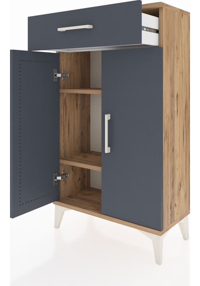 Arges Komodin 2 Raflı Tek Çekmeceli 2 Kapaklı 60x30x106 Çam-antrasit Atlas Çam
