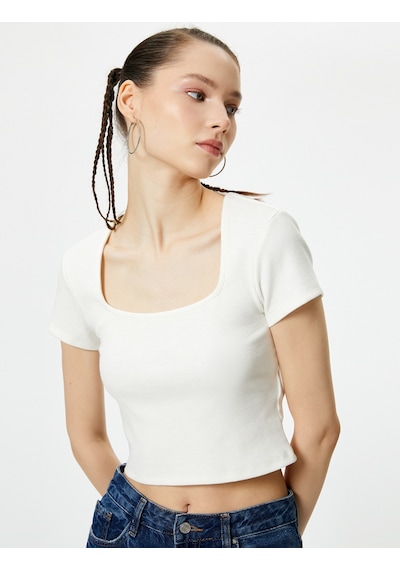 Koton Sırt Dekolteli Tişört Crop Kısa Kollu Fitilli Slim Fit Ekru 4sal10804ık Ekru