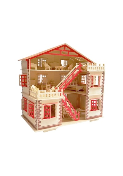 Büyük Boy Ahşap Maket Oyun Evi + 15 Parça Ahşap Mobilya