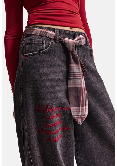 Kadın 4w6-156 Wide Leg Nakış Ve Kravat Detaylı Özel Tasarım Denim Jean Kahve