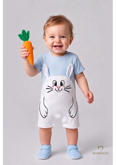 Babyden's Tavşan Baskılı Şortlu Erkek Bebek Tulum %100 Pamuk Yazlık Kısa Kollu Çıtçıtlı Yenidoğan Bebek Tulumu 0-9 Ay Bebe Mavisi