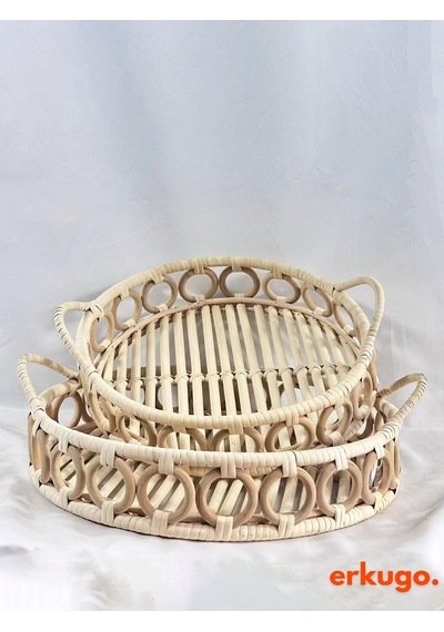 2 Adet %100 El Yapımı Tepsi, Doğal Rattan Tepsi, Sunum Tepsisi Bh24494 Rattan