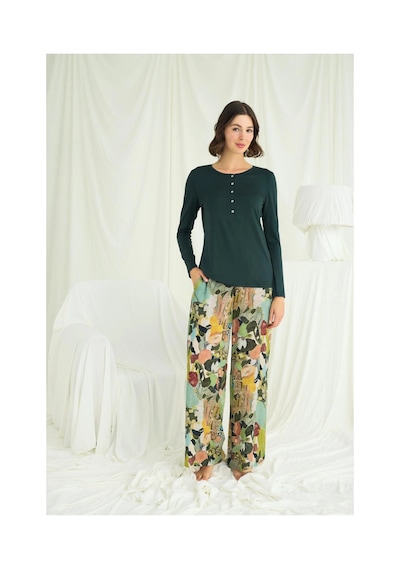 Litae Herşeytrend Çiçek Ve Yaprak Desenli Pijama Takımı Yeşil