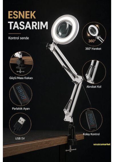 Işıklı Masaüstü Akrobat Büyüteç Tırnak Bakımı-mucevher Yapımı-elektronikçiler-kitap Okuma Vs....