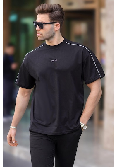 Madmext Siyah Oversize Bisiklet Yaka Tişört 7009-siyah Siyah
