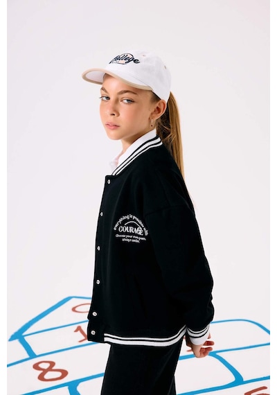 Defacto Kız Çocuk Okula Dönüş Slogan Baskılı Bisiklet Yaka Kalın Sweatshirt Kumaşı Hırka F2194a825aubk81 Siyah
