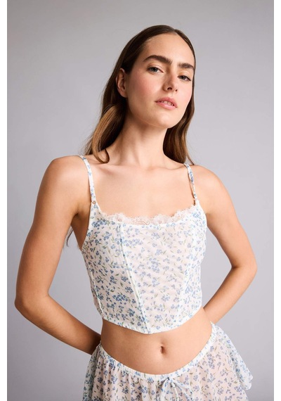 Defacto Çiçekli İnce Askılı Dantel Detaylı Açık Mavi Pijama Üst H7586ax26spbe216 Mavi-be216